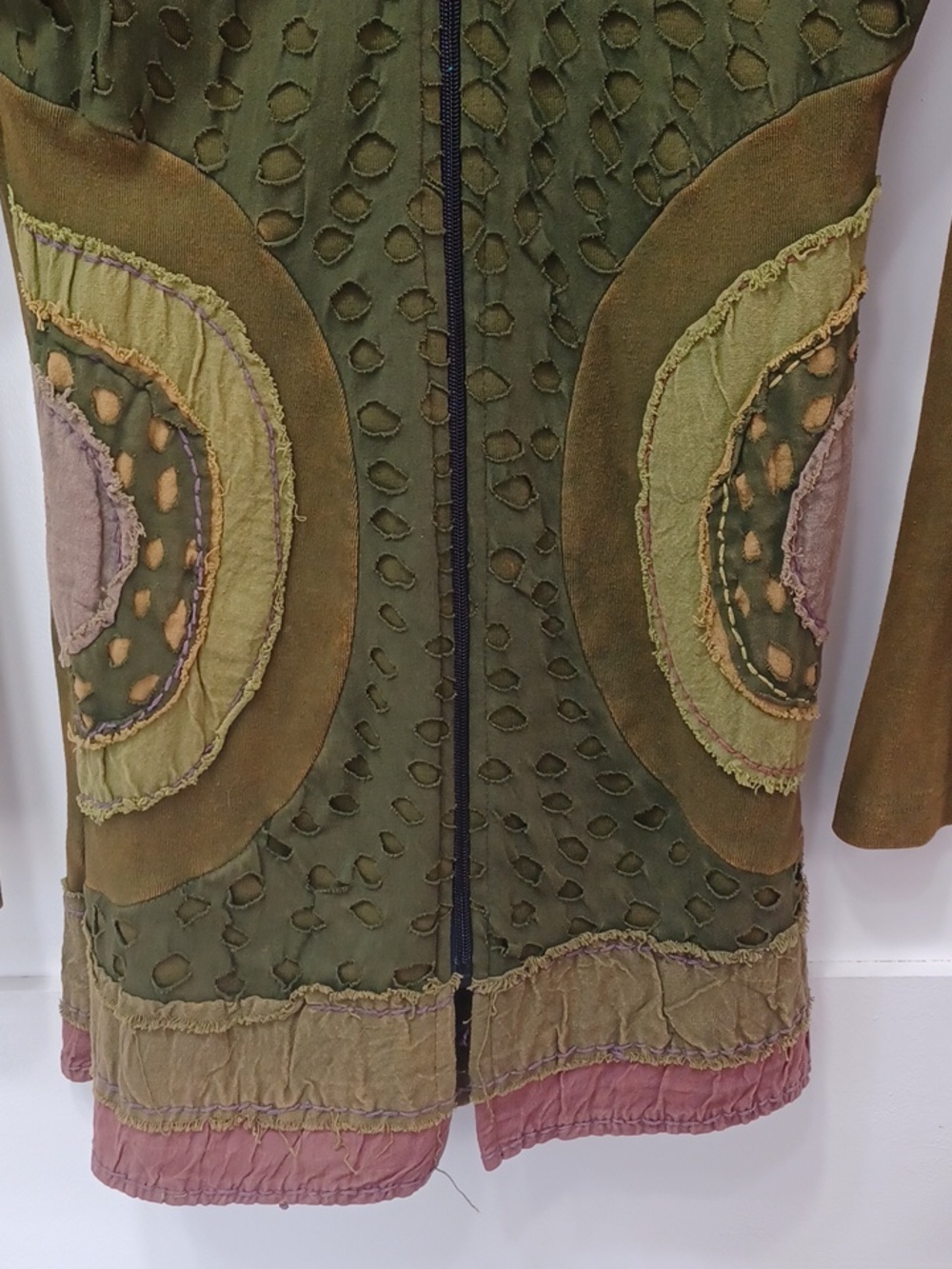 Green Distressed India Bohemian Tunic Hoodie Zip Up Jacket Sweater XS - S - Picture 3 of 8